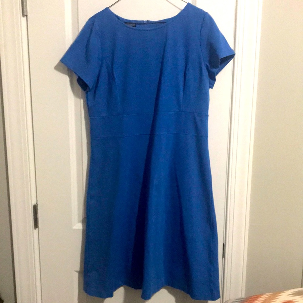 Pretty blue cap sleeves dress with front seams and waist band and back zipper